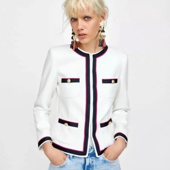 Zara white blazer with navy and pink trim - Picture 1 of 2